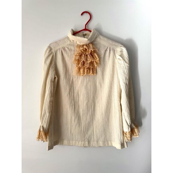 60s vintage beige boho ruffled lace jabot collar peasant sleeves linen blouse - Picture 9 of 9